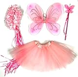 Tante Tina Schmetterling Kostüm Mädchen - 4-teiliges Mädchen Kostüm Schmetterling mit Tüllrock, Flügel, Zauberstab und Haarkranz - Rosa - geeignet für Kinder von 2 bis 8 Jahren