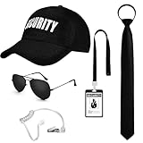BTHRORO Agenten Kostüm Set, Geheimagenten Security mit Sonnenbrille Ohrstück ID-Ausweis Sicherheit Hut Einstellbare Krawatten für Männer Jungen Halloween Cosplay Party Rollenspiele Kostümzubehör