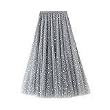Geagodelia Tüllrock Damen Mädchen Elegante Weiche Lange Sommerrock Maxirock Vintage Tütü Tüll Rock Karneval Fasching One Size 36/38/40 F-46162 (Sterne-Grau)