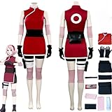 Rcrllya Anime Charakter Haruno Sakura Cosplay Kostüm Outfit Rolle Spielen Rot Uniform Full Set Halloween Carnival Party Anzug mit Perücke (Kostüm,L)