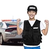 L Swat Kostüm Kinder Mütze Swat Satz Geheimagent Kostüm Kinder Polizei Mütze Einsatzweste Swat Polizei Hut Kostüm Polizei Kopfbedeckung Swat Weste Kinder für Geheimagent Karneval Mottoparty Cosplay