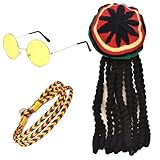 FUIPVGI 3 Stücke Mütze Rasta Dreadlocks mit Gelber Brille, Geflochtenes Armband, Reggae Hut Rasta Hut, Jamaikanische Dreadlocks Perücke, Maskerade-Kostümzubehör für Partys, Cosplay (Mehrfarbig)