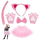 TSHAOUN 6 Stück Kostümset Katze, Katze Tierkleid Cosplay Set Katzenohren Stirnband Kätzchen Rosa Ohren Kragen Pfoten Handschuhe Rosa Tutu für Halloween Fasching Karneval (Rosa)