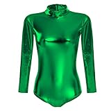 Damen Glänzende Ballettanzug Ballettbody Sport Tanz Body Gymnastikanzug Trikot Langarm Bodysuit Metallic Wetlook Einteiler Turnanzug Leotards Overall Lack Leder Oberteile Top Kostüm Dunkelgrün L