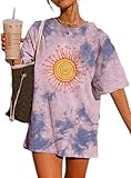 Sofia's Choice Damen Oversize Batik T Shirt Rundhals Kurzarm Top Sonne und Mond Oberteile Batikblau XL
