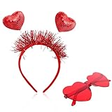 2 Stück Valentinstag Herz Haarreif Brille, Rot Herzen Haarreifen Stirnband, Glitzer Pailletten Herz Stirnbänder, Valentinstag Herz Sonnenbrille, für Valentinstag Requisiten Party Kostüm Zubehör