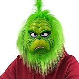 Amzeeniu Grinch Maske Erwachsene,Grinch Kostüm,Grinch Maske,Weihnachten Kopfbedeckung Latex Performance Requisiten Cute Props Green Monster Mask Garden Yard Party(Pelzige Grüne Weihnachtsmannmaske)