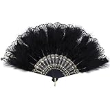 Mwoot Damen Fächer Feder, Embroidered Flower Marabou Feather Fan, 1920s Vintage Style Folding Handheld Feather Fan, Flapper Hand Fan for Costume Halloween Dancing Wedding Party Prom Tea Party - Black