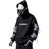 XYXIONGMAO Streetwear Techwear Hoodie Cyberpunk Tactical Herren Black Urban Hip Hop Japanese Sweatshirt, Schwarz, Medium