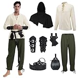 MVFEUIJ Mittelalter Herren Renaissance Kostüm Set, Viking Kostüm Schnürhemd Herren Hose mit Zubehör, Halloween-Kostüm für Cosplay, Zauberer, Maskerade (Grüne Hose, XL)