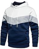 MANLUODANNI Herren Hoodie, Kapuzenpullover Men's Schlichter Fleece Pullover mit Kapuze Casual Sweatshirt Classic Farbabstimmung Patchwork Weiß Blau XXL