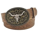 ARROMI Cowboy Gürtel Herren, Western Gürtel Herren, Herren Longhorn Stier Blumengravur, Western Gürtel, Jeans Hosen, Herren Ledergürtel für Jeans Weihnachten Herrengürtel Geschenke