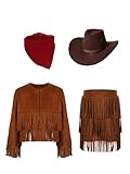 Fldy Kinder Western Outfit Mädchen Cowboy Cowgirl Hut Fransenjacke Quastenrock Halstuch Set Für Halloween Geburtstag Party Bühne Braun 134-140