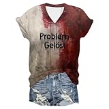 Problem Gelöst Halloween T-Shirt Damen V-Ausschnitt Kurzarm Blutiges Shirt Horror T Shirts Khaki M