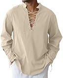 LVCBL Hemd Herren Leinenhemd mit Mittelalter Schnürhemd Loose Fit Khaki L