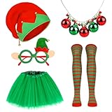 5 Stück Weihnachtselfen Kostüm Damen, Weihnachtself Mütze Weihnachtsbrillen Weihnachtskette Damen Tutu Rock Elfen Gestreifte Kniestrümpfe, Elfenkostüm Damen Weihnachts Kostüm für Weihnachts Karneval