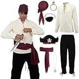 OPAEHJF 7 Stück Mittelalter Kleidung Herren Set，Piraten Kostüm Männer Renaissance Hemd Piraten Bandana Schärpe Gürtel für Halloween Cosplay Party