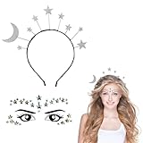 BCVSER Haarreif Sterne + Glitzer Gesicht Sticker Strasssteine Gesicht Tattoos, Mond Haarreif, Karneval Kostüm, für Karneval, Fasching, Mottoparty, Cosplay