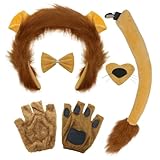 FUIPVGI 5 Stück Löwe Kostüm Zubehör Set,Löwenohren Plüsch Stirnband Schwanz Nase Fliege und Handschuhe Kostüm Set,Tier Kostüm Set für Kinder Erwachsene Thema Party Favors Weihnachten Halloween(Löwe)