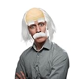 XNIVUIS 3 Stück Opa Perücken Set,Opa Kostüm Perücke,Glatzkopf Herren Perücke,Halbglatze Perücke,Wissenschaftler Verrückte Professor Perücke Schnurrbart für Party Cosplay Karneval Halloween (3 Stück)