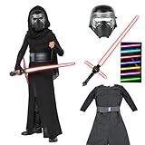 Fehodun Kind Kylo Ren Outfits Premium Jedi Tunika Kostüm mit Helm Lichtschwert Force Awakens Overall SW Halloween Black Serier Cosplay Outfits