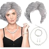 FUIPVGI Kostüm-Set für alte Dame, graues Oma-Perücken-Set mit Oma-Perücke, Kunstperlen, Halskette, Armband, Ohrringe, Oma-Perückenkappe für Halloween, Welttag des Buches, Maskerade, Karneval (grau)