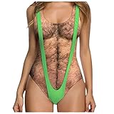 QREXVOG Damen Badeanzug, einteiliger Monokini mit behaarter Brust, lustiger, schmeichelhafter Strand-Badeanzug (Grün, M)