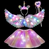Tacobear Leuchtend Einhorn Kostüm Kinder mit 60cm Bunt Federflügel Engelsflügel, Haarreif Zauberstab LED Tutu Tüllrock Mädchen für Halloween Karneval Cosplay Geburtstag Party Fasching