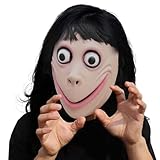 BEJOYFMY MOMO Maske, Gruselige Latex Momo Kopfmaske mit Langer Perücke, Horror Teufel Cosplay Gesichtsmasken mit langem Haar Gruseliges Lächeln für Erwachsene