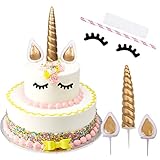 Einhorn Tortendeko, Geburtstagsdeko Kuchen Gold Cake Topper Kuchendeko, Einhorn Horn Ohren und Wimpern Torte Deko für Mädchen Junge Kinder Geburtstag Hochzeit Weihnachten Party (Klein)