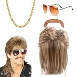 NYZQIW Vokuhila Perücke, Vokuhila Perücke Herren Hippie Kostüm mit Lang Perücke Sonnenbrille Halskette Schnurrbart 70er 80er Jahre Outfit Disco, Frisur, Karneval, Mottoparty, Für Männer (B)