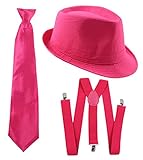 Foxxeo Gangster Kostüm Set für Damen & Herren I Hut - Hosenträger - Krawatte I Pink I 1920er Mafia Accessoire Outfit