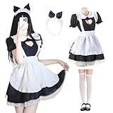 MeYuxg Maid Dress, Maid Outfit-Hohle Herzform, Anime French Maid Dress, Niedliche Maid Cosplay Kleid, Schwarz Maid Kostüm Mit Strümpfen und Haarband, Karneval, Rollenspiel(M)