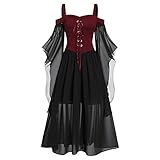 CHARMMA Gothic Halloween Kleid Kostüm Damen,Übergröße A-Linie Schnüren Maxi Kleider mit Schmetterlingsärmeln für Frauen,Festliches Vintage Schwarz Hexenkleid Cosplay Club Party Dress (Rot, XXL)