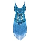 Alvivi Damen Tanzkleid Glänzend Pailletten Cocktail Partykleid Latein Rumba Cha Cha Tango Samba Bauchtanz Kleid Fasching Karneval Kleid See Blau Einheitsgröße