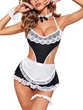 ROSVAY Sexy Dienstmädchen Uniform Dessous Kleid Damen Maid Cosplay Spitze Neckholder Kostüm Rollenspiel Sexy Frauen Nachtwäsche Reizwäsche Lingerie Rückenfrei für Halloween Weihnachten(Schwarz, L)