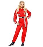 Rennfahrerin Kostüm Damen | Rennfahrer Overall Jumpsuit mit Gürtel | Fasching Karneval Racer Babe Kostüm mit 5 Taschen (rot, S)