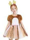 IKALI Rentier Kostüm Kinder Weihnachten Rudolf Hirsche Kostüme Tutu Kleid für Mädchen Weihnachtsmann Santa Claus Helper Dress Up Outfit mit Stirnband 4-6 Jahre