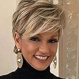 Creamily Perücke Kurze Damen Perücke Pixie Cut Perücke Kurzes Haar mit Bangs Natürliche Gestufte Kunsthaar Kurze Perücke für Damen (A-Blond gemischtes Braun)