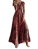 ABYOVRT Sommer Kleider Damen Sommerkleid Boho Lang Kleider Böhmisch Blumen Strandkleid V-Ausschnitt Freizeitkleider Kurzärmelig Maxikleider,Rot,M