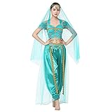 IMEKIS Damen Jasmin Kost?m Aladdin Prinzessin Cosplay Kleid Halloween Verkleiden Fancy Karneval Party Outfit Crop Top mit Hosen Kopftuch Arabischer Bauchtanz Kost?m Gr?n M