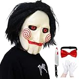 Claofoc Saw Maske Horror Killer Billy Puppen Maske Gruselige Vollkopf Clown Maske mit Handschuhen Messer Rote Schleife Halloween Cosplay Kostüm Gruselige Requisiten Unisex