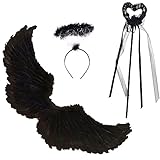 HIQE-FL Engel Flügel,Federflügel Engel,Schwarz Engelsflügel Deko mit heiligenschein und Zauberstab,Schwarz Engel Kostüm Damen,Party Fasching Kostüme,Kostümparty Verkleidung