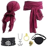 Ginkago 7PCS Mittelalter Piratenkostüm Zubehör Set Damen Herren Piraten Verkleidung Accessories Kopftuch Augenklappe Ohrringe Halskette Armband Hüfte Tuch für Halloween Cosplay Party
