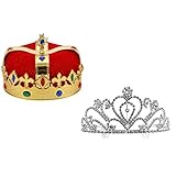LEEMASING Königskrone und Königskrone mit Juwelen, für Geburtstag, Halloween, Cosplay, Party, Hochzeit, Abschlussball, Quinceanera-Festzug, 2 Stück (Rot)