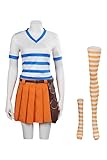 Damen Nami Cosplay Kostüm Anime Nami Top Rock Anzüge mit Gürtel Socken Outfits 2-teiliges Matrosen-T-Shirt Halloween Kleid, Orange/Abendrot im Zickzackmuster (Sunset Chevron), S ((Height 63in)