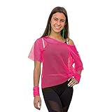 Oblique Unique Netzshirt Netztop Netz Hemd Netzoberteil Fischnetz für Damen Frauen Oberteil 80s 80er Jahre Kostüm Motto Party Größe 38-42 Neon Grün Pink - Farbe wählbar (Neonpink)