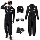 BuzzoXerex Rennfahrer Kostüm Herren, Rennfahrer Anzug Herren mit Hüte, Sonnenbrille, Handschuhe für Karneval, Party, Cosplay (Schwarz, XL)