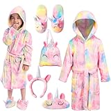 JOYIN Einhorn Bademantel Kinder mit Kapuze Nachtwäsche mit Augenbinde, Tasche, Hausschuhe und Stirnband, S