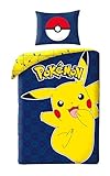 Halantex Wendebettwäsche Pokemon, 100 % Baumwolle, Bettbezug Pikachu, 140 x 200 cm + Kissenbezug 65 x 65 cm, Blau